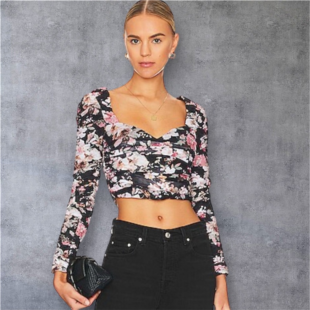 ASTR Black Erica Floral Ruched Blouse, Size XS